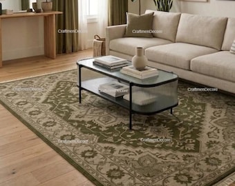 Alfombra tradicional de lana anudada a mano, alfombra persa con medallón en verde oliva y gris topo, alfombra oriental floral de lujo artesanal de primera calidad.