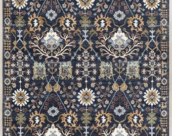Alfombra de lana anudada a mano, alfombra oriental con estampado floral azul marino.