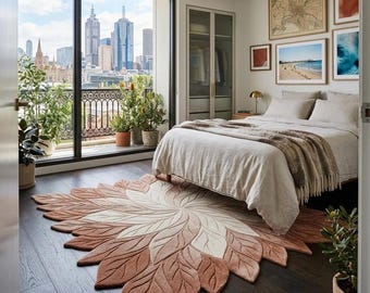 Alfombra de lana tejida a mano con diseño de hojas, alfombra escultural en color crema topo, arte de suelo moderno y orgánico.