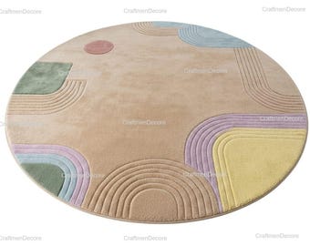 Alfombra de lana tejida a mano, alfombra geométrica 3D de círculos arcoíris pastel, arte de suelo beige