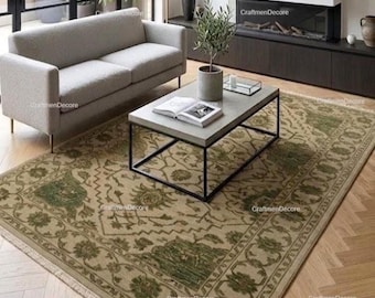 Alfombra tradicional de lana anudada a mano, alfombra persa con medallón en verde salvia y gris topo, alfombra oriental floral de lujo artesanal de primera calidad.