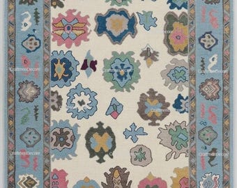 Alfombra de lana tejida a mano, alfombra tribal de color azul marfil claro orgánico.