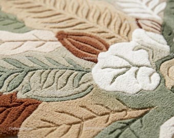 Alfombra de lana tejida a mano, diseño de hojas escultóricas en 3D, alfombra floral color terracota salvia.