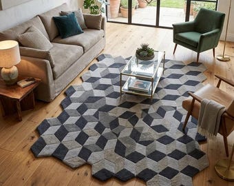 Alfombra de lana tejida a mano, cubos isométricos 3D, alfombra geométrica gris, arte urbano de lujo para el suelo.