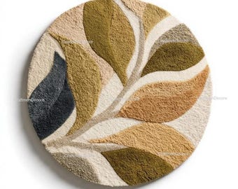 Alfombra moderna de lana tejida a mano con diseño de hojas en 3D, alfombra redonda escultural de ondas en verde oliva y ocre, arte de piso circular de lujo artesanal de primera calidad.