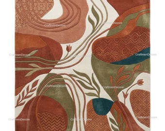 Alfombra de lana tejida a mano, alfombra botánica abstracta, arte de suelo en terracota salvia