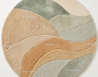 Alfombra moderna abstracta 3D de lana tejida a mano, alfombra redonda escultórica de ondas verde salvia y ocre, arte de piso circular de lujo artesanal de primera calidad