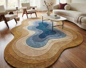 Alfombra de lana con forma orgánica, alfombra abstracta con contorno tejida a mano, alfombra moderna de forma irregular, alfombra artística azul neutro, alfombra llamativa