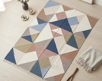 Geometric Flat Weave Rug, Scandinavian Kilim Area Rug, Modern Nordic Carpet, Pastel Geometric Wool Rug, Boho Minimal Living Room Rug