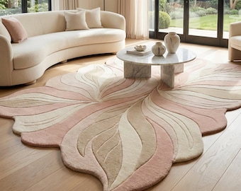 Alfombra de lana con remolinos florales, alfombra abstracta rosa beige tejida a mano, alfombra moderna con forma de pétalo, alfombra irregular en tonos pastel suaves, alfombra para sala de estar.
