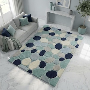 Luxury Blue Green Pebble Wool Rug, Hand Tufted 3D Abstract Stone Pattern Area Rug, Modern Contemporary Living Room Carpet.