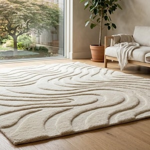 Luxury 3D Wavy Cream Wool Rug, Hand Tufted Ivory Abstract Wave Rug, Neutral Minimalist Area Rug, Modern Japandi Carpet, Living Room Rug