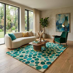 Könnte beinhalten: Ein modernes Wohnzimmer mit cremefarbenem Sofa, bunten Kissen und einem grünen Sessel. Ein Holztisch steht auf einem Teppich mit einem Design aus türkisfarbenen und grünen Kieselsteinen. Große Fenster und ein Gemälde ergänzen die Einrichtung. Der Teppich misst ca. 200 cm x 300 cm.