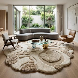 Luxury Cream 3D Pebble Wool Rug, Hand Tufted Neutral Abstract Texture Rug, Organic Shape Minimalist Area Rug, Modern Sculptural Carpet.