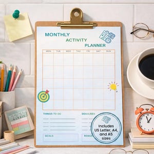 May include: A monthly activity planner on a wooden clipboard with a grid for days of the week, sections for things to do, deadlines, goals, and rewards. The planner features a target and lightbulb icon and a circular badge stating Includes US Letter, A4, and A5 sizes.