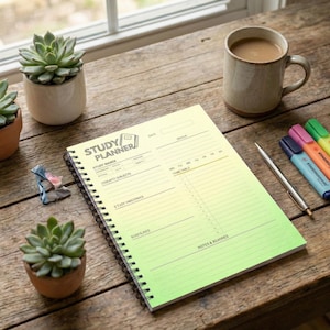 Peut inclure: Un planificateur d'étude à spirales avec un dégradé jaune et vert. L'image présente le planificateur, une tasse de café, des plantes succulentes, un stylo et des surligneurs sur une surface en bois. Le texte "STUDY PLANNER" est visible.