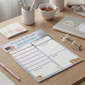 Pode incluir: Um Daily Study Planner com uma borda azul clara e roxa, com seções para listas de tarefas, assuntos de estudo e notas. O planejador inclui o texto "Daily Study Planner" e "Date: MTWTFSS". Uma xícara de chá, canetas e um laptop também estão na mesa de madeira.