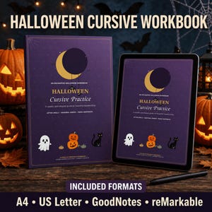 May include: A purple Halloween Cursive Workbook and a tablet displaying the same cover design. The cover features a yellow crescent moon, a ghost, orange pumpkins, and a black cat. Text includes HALLOWEEN CURSIVE WORKBOOK and HALLOWEEN Cursive Practice.