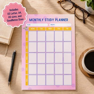 Puede incluir: Un planificador de estudio mensual rosa y blanco con un diseño de cuadrícula para la programación. El planificador incluye el texto "MONTHLY STUDY PLANNER" en azul. También incluye el texto "Includes US Letter, A4, A5 sizes, and GoodNotes Sizes."