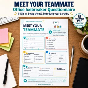 Juegos para fomentar el trabajo en equipo: Conoce a tus compañeros, cuestionario imprimible para romper el hielo en la oficina.