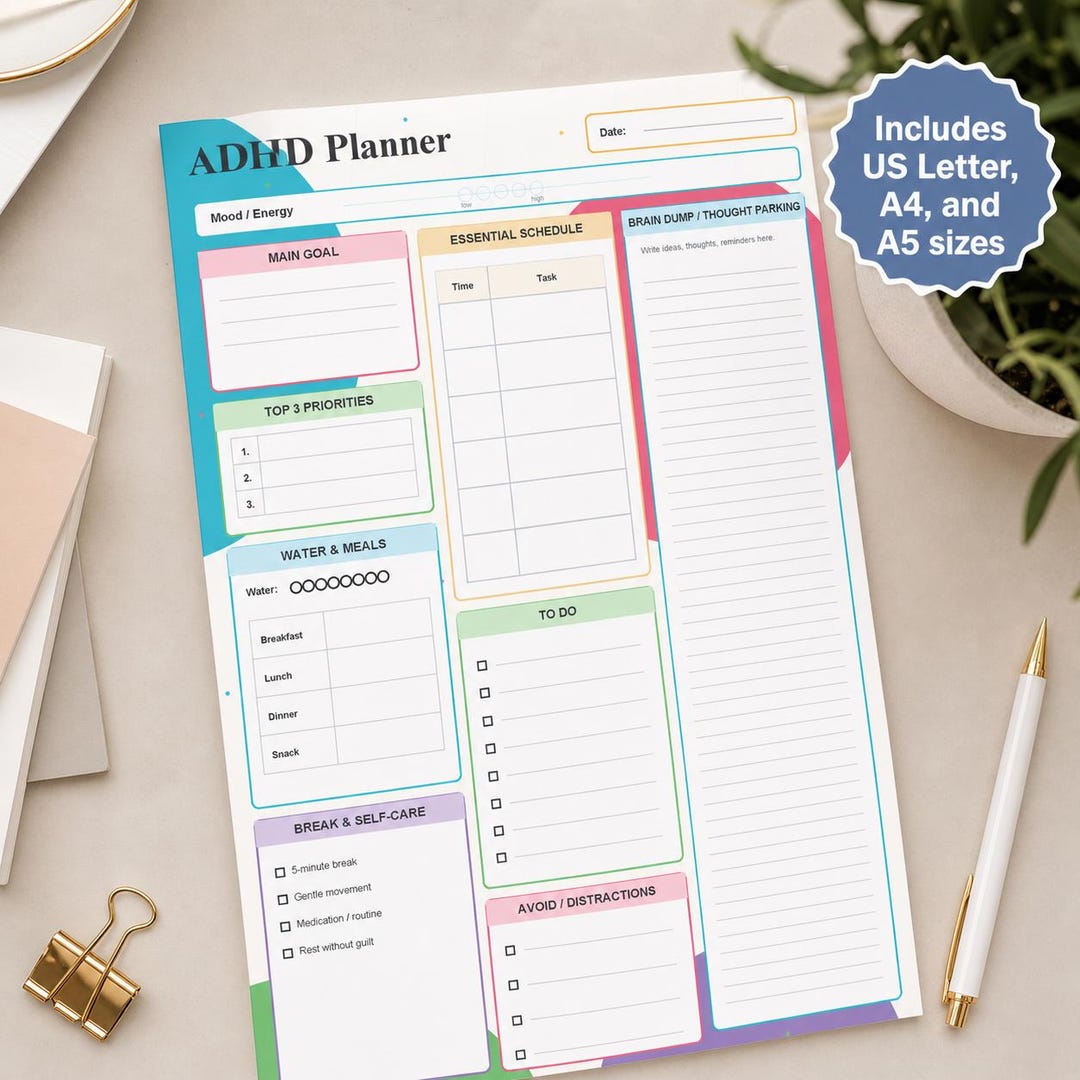 ADHD Daily Planner | Executive Functioning, Schedule, To-do Tracker (A4 ...