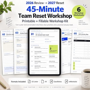 Retrospectiva de fin de año del equipo y taller de reinicio para 2027, kit para reuniones de personal, PDF imprimible y rellenable.