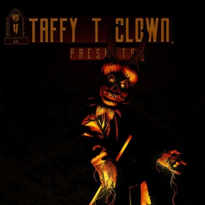 Puede incluir: Una portada de cómic con una figura aterradora con cabeza de calabaza que sostiene una guadaña sobre la cabeza de un hombre. La portada se titula "Taffy T Clown Presents" y presenta el texto "Zerga" y "Batz" en la parte inferior.