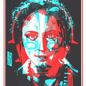 Puede incluir: Una impresión de arte digital que presenta un retrato estilizado de una persona con un esquema de color rojo y azul. La impresión tiene el texto "Legends Studios" en la parte superior y "Hidden Images" en la parte inferior. El texto "Zer02 Halloween 2022" es visible en el lado derecho de la imagen.