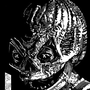 Puede incluir: Ilustración en blanco y negro de una criatura con una cabeza texturizada y escamosa y una estructura similar a un casco. La criatura tiene un ojo grande y redondo y una boca con dientes afilados. La ilustración se titula "Zerga Halloween 2022".