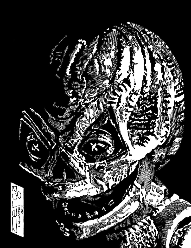 May include: Black and white illustration of a creature with a textured, scaly head and a helmet-like structure. The creature has a large, round eye and a mouth with sharp teeth. The illustration is titled "Zerga Halloween 2022".