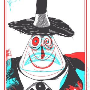 Puede incluir: Una ilustración en blanco y negro de un personaje con un gran sombrero y una amplia sonrisa de dientes. Los ojos del personaje son rojos y azules, y el fondo es un patrón rojo y blanco. El texto "LEGENDS STUDIOS" está en la parte superior de la imagen, y el texto "HIDDEN IMAGES" está en la parte inferior.