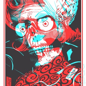 Puede incluir: Un cráneo rojo y negro con un patrón de espiral azul y blanco. El cráneo tiene ojos grandes y blancos y una camisa con estampado rojo y negro. El texto "LEGENDS" y "HIDDEN IMAGES" es visible en la imagen.