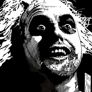 Puede incluir: Ilustración en blanco y negro de un hombre con el pelo salvaje y una expresión de shock. La boca del hombre está abierta y sus dientes son visibles. La ilustración es de estilo vintage.