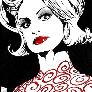 Puede incluir: Ilustración en blanco y negro de una mujer con un gran peinado bouffant blanco. Lleva un vestido estampado en rojo y blanco con cuello alto. El estampado está formado por círculos en espiral.