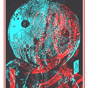 Puede incluir: Un póster de Halloween con una ilustración con efecto 3D de un personaje con una cabeza de saco de arpillera. La obra de arte utiliza colores rojo y cian sobre un fondo gris oscuro. El texto incluye "LEGENDS STUDIOS" y "HUMBLE IMAGES".