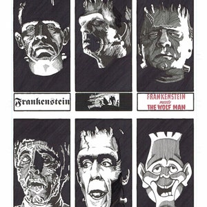 May include: A black and white comic book page with the title "The Monster!" and a request to "give me six characters to make fanart of!" The page features six different black and white illustrations of classic monster characters, including Frankenstein, The Wolfman, The Munsters, and The Curse of Frankenstein.