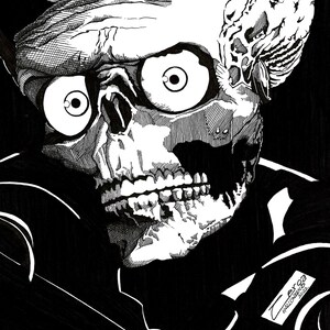 Puede incluir: Ilustración en blanco y negro de una calavera con ojos grandes y una sonrisa de dientes. La calavera está dibujada en un estilo detallado, con trazos cruzados. La firma "Exxoa Halloween 2022" es visible en la esquina inferior derecha.