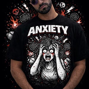 Puede incluir: Camiseta negra con la palabra "ANXIETY" en blanco. El gráfico representa a una persona angustiada con las manos en la cabeza y la boca abierta. Elementos rojos y blancos rodean la imagen central.