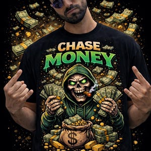 Puede incluir: Camiseta negra con la frase "CHASE MONEY" en verde y un gráfico de un esqueleto con una sudadera con capucha verde sosteniendo dinero y un cigarro. La imagen incluye fajos de billetes y una bolsa de dinero.