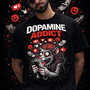 Dopamine Addict Rat T-Shirt, Social Media Graphic Tee, Dark Humor Shirt, Addiction Streetwear Design
