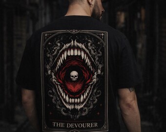 Tarot Devil T-Shirt Gothic Streetwear, Dark Occult Graphic Tee, Oversized Back Print, Horror Skull Shirt, The Devourer Design