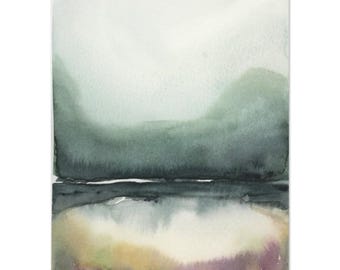 Reflejo en un estanque brumoso – Lámina artística en acuarela de 5x7 pulgadas / Pequeño paisaje para pared / Decoración minimalista verde inspirada en la naturaleza / Pintura de un lago en el bosque