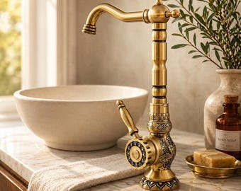Antiek messing badkamerkraan, massief messing wastafelmengkraan met gegraveerde bloemen, grote wastafelkraan of korte wastafelkraan voor boho-decor