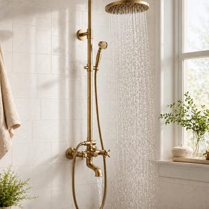 Puede incluir: Un sistema de ducha dorado con un cabezal de ducha redondo y una ducha de mano. El agua cae en una bañera blanca. El sistema de ducha está montado en una pared de azulejos blancos.