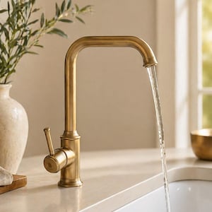 May include: A brass-finish kitchen tap with a square spout, pouring water into a white sink. The tap features a lever handle and sits on a neutral-toned work surface. A vase with foliage is in the background, alongside a window.