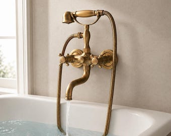 Antique Brass Wall Mount Bathtub Faucet with Handheld Shower, Vintage Tub Filler, Dual Handle Brass Bathroom Mixer for Clawfoot Tub