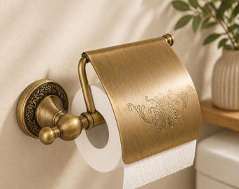 Antique Brass Toilet Paper Holder with Cover, Vintage European Carved Wall Mount Tissue Roll Dispenser, Rustic Bathroom Decor