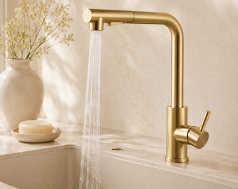 Kitchen Pull Out Faucet, Modern Single Handle Sink Mixer Tap with Rotating Spout, Deck Mount Faucet in Black, Gold or Silver