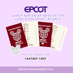 May include: A digital download bundle featuring Epcot Snack and Drink Around the World passports and a lanyard card. The maroon and cream cards display the Epcot World Showcase logo with a Mickey-shaped globe icon and lists of countries.