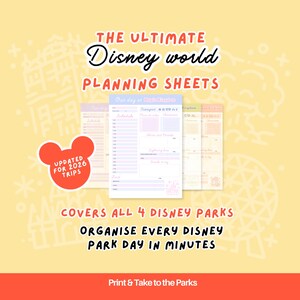 May include: A yellow background with the text "THE ULTIMATE Disney world PLANNING SHEETS." The image includes planning sheets and a Mickey Mouse head with the text "UPDATED FOR 2026 TRIPS." The text "COVERS ALL 4 DISNEY PARKS" is also visible.